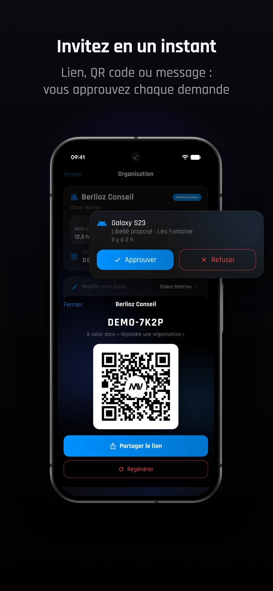 Invitation par lien ou QR code, et demande d'adhésion à approuver